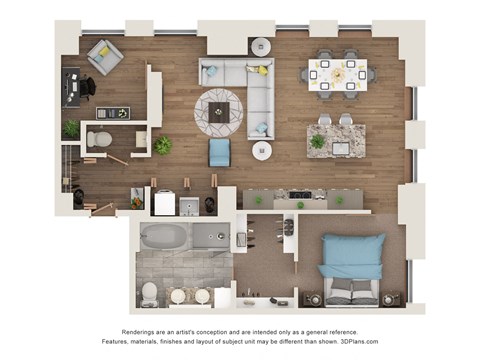 Floor plan for 1 bed, 1.5 baths, 900 sqft